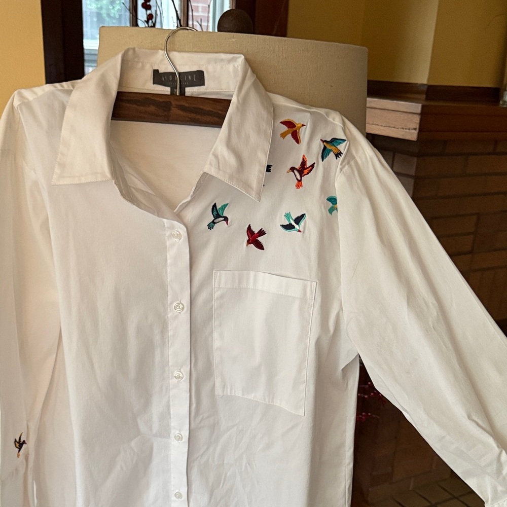 Embroidered Bird Cotton Button-Up Dress - White
